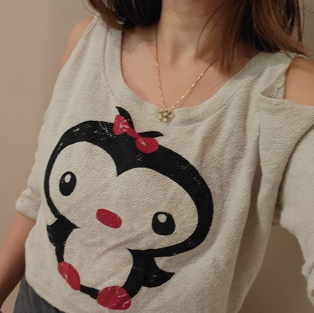 Cute penguin cold shoulder crop top